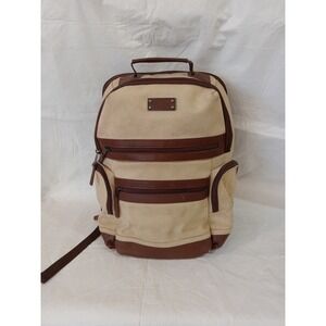 RENWICK Canvas Leather Trim Backpack Tan Brown Multiple Pockets Travel School